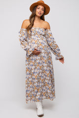 Taupe Floral Print Off Shoulder Smocked Maternity Maxi Dress