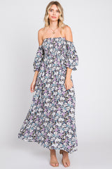 Black Floral Print Off Shoulder Smocked Maxi Dress