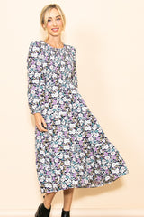 Black Floral Smocked Tiered Midi Dress