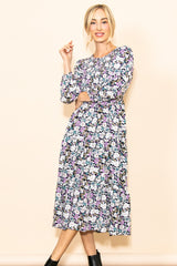 Black Floral Smocked Tiered Midi Dress