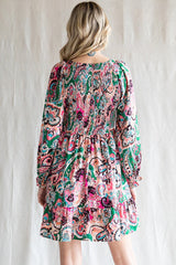 Pink Paisley Smocked Long Sleeve Dress