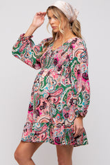 Pink Paisley Smocked Long Sleeve Maternity Dress