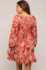 Red Paisley Smocked Long Sleeve Maternity Dress