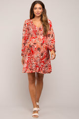 Red Paisley Smocked Long Sleeve Maternity Dress