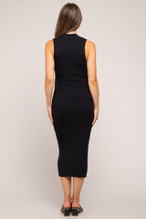 Black Open Knit Fitted Maternity Sweater Midi Dress