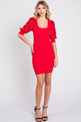 Red Ribbed Sequin Puff Sleeve Dress