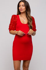 Red Ribbed Sequin Puff Sleeve Maternity Dress