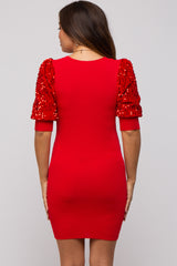 Red Ribbed Sequin Puff Sleeve Maternity Dress