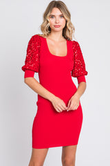 Red Ribbed Sequin Puff Sleeve Maternity Dress