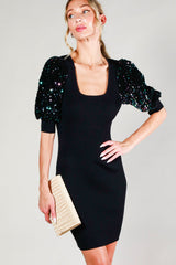 Black Ribbed Sequin Puff Sleeve Dress