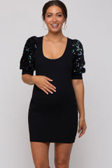 Black Ribbed Sequin Puff Sleeve Maternity Dress