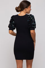 Black Ribbed Sequin Puff Sleeve Maternity Dress