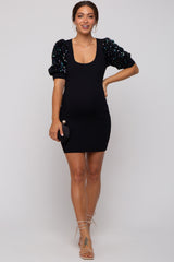 Black Ribbed Sequin Puff Sleeve Maternity Dress