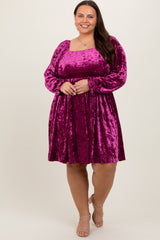 Magenta Velour Square Neck Plus Dress