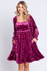 Magenta Velour Square Neck Maternity Dress