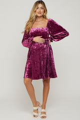 Magenta Velour Square Neck Maternity Dress