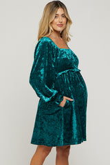 Green Teal Velour Square Neck Maternity Dress