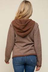 Mocha Striped Drawstring Hooded Maternity Sweater