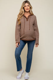 Mocha Striped Drawstring Hooded Maternity Sweater