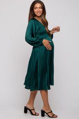 Forest Green Satin Smocked and Pleated Maternity Midi Dress