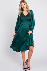 Forest Green Satin Smocked and Pleated Midi Dress