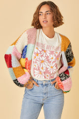 Multicolor Color Block Checkered Thick Knit Maternity Cardigan