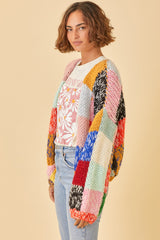 Multicolor Color Block Checkered Thick Knit Cardigan