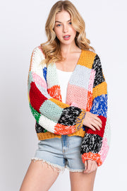 Multicolor Color Block Checkered Thick Knit Cardigan