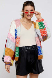 Multicolor Color Block Checkered Thick Knit Maternity Cardigan