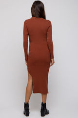 Brown Ribbed Mock Neck Side Slit Maternity Midi Dress