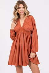 Rust Linen Deep V-Neck Long Sleeve Dress