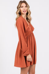 Rust Linen Deep V-Neck Long Sleeve Dress