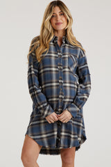 Blue Plaid Button Down Raw Hem Maternity Dress