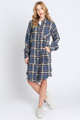 Blue Plaid Button Down Raw Hem Maternity Dress