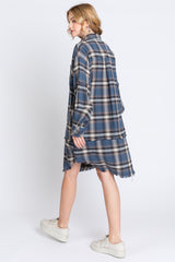 Blue Plaid Button Down Raw Hem Dress