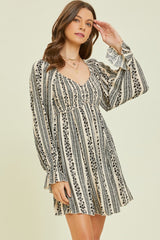 Black Floral Stripe Smocked Long Sleeve Maternity Dress