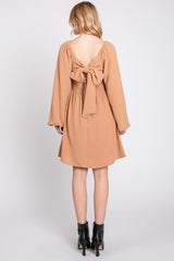 Camel Tie Back Smocked Long Sleeve Dress