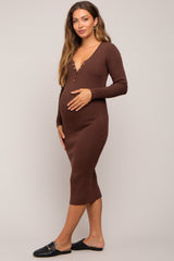 Brown Ribbed Fitted Button Long Sleeve Maternity Dress