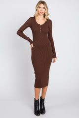 Brown Ribbed Fitted Button Long Sleeve Maternity Dress