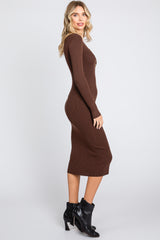 Brown Ribbed Fitted Button Long Sleeve Dress