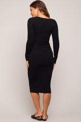 Black Ribbed Fitted Button Long Sleeve Maternity Dress