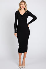 Black Ribbed Fitted Button Long Sleeve Dress