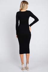 Black Ribbed Fitted Button Long Sleeve Dress