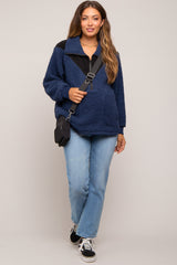 Navy Blue Colorblock Half Zip Fleece Maternity Pullover