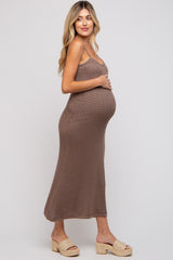 Mocha Open Knit Crochet Maternity Midi Dress