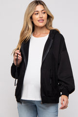 Black Zipper Hooded Maternity Jacket