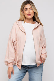 Light Pink Zipper Hooded Maternity Jacket