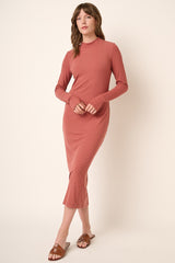 Rust Ribbed Mock Neck Midi Dress