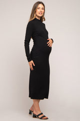 Black Ribbed Mock Neck Maternity Midi Dress