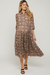 Burgundy Floral Collared Tiered Maternity Maxi Dress